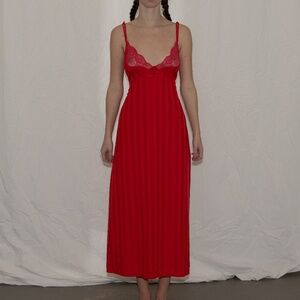 Vintage 70s red slip dress lace top with tie movie star size large polyester